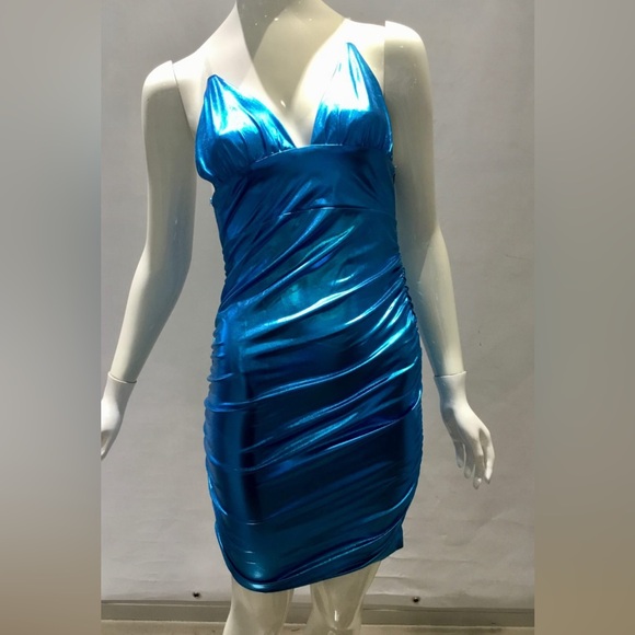 Metallic Blue Body Con Stretchy Dress 80s Club Inspired Size Small NEW WITH TAGS - Picture 1 of 3